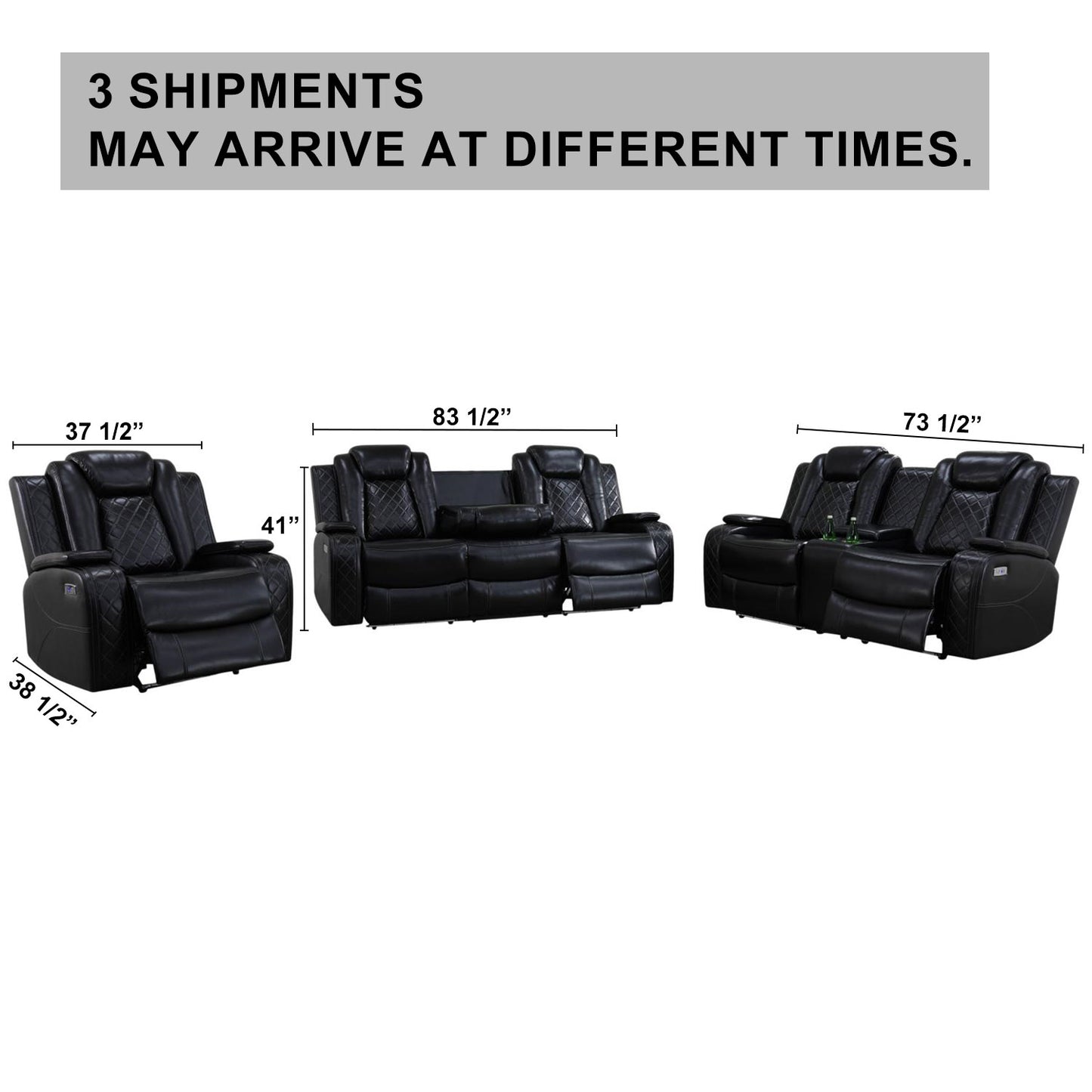 Schwarzes atmungsaktives Leder, 3-stückiges Wohnzimmer-Liegesessel-Sofa-Set - gn4632