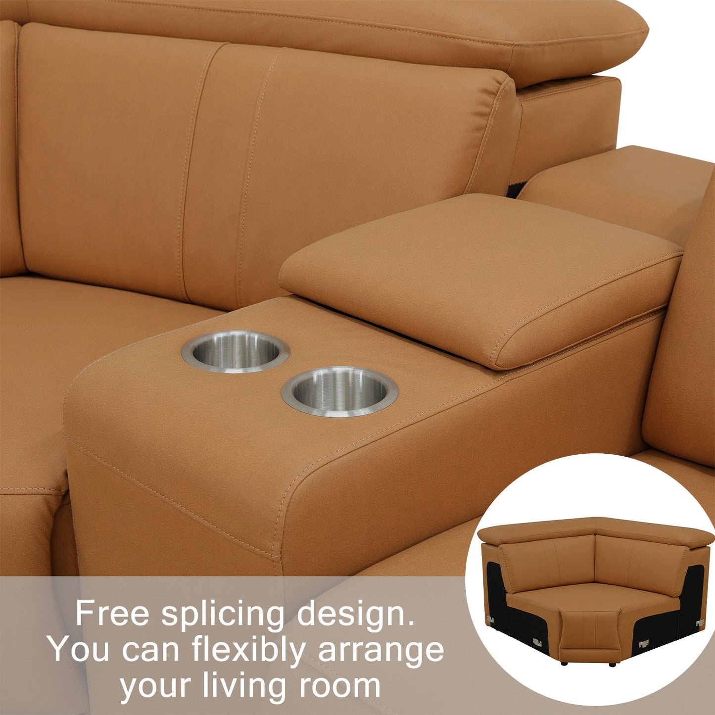 Hellbraunes atmungsaktives Leder, 6-stückiges Wohnzimmer-Liegesessel-Sofa-Set - gn4731