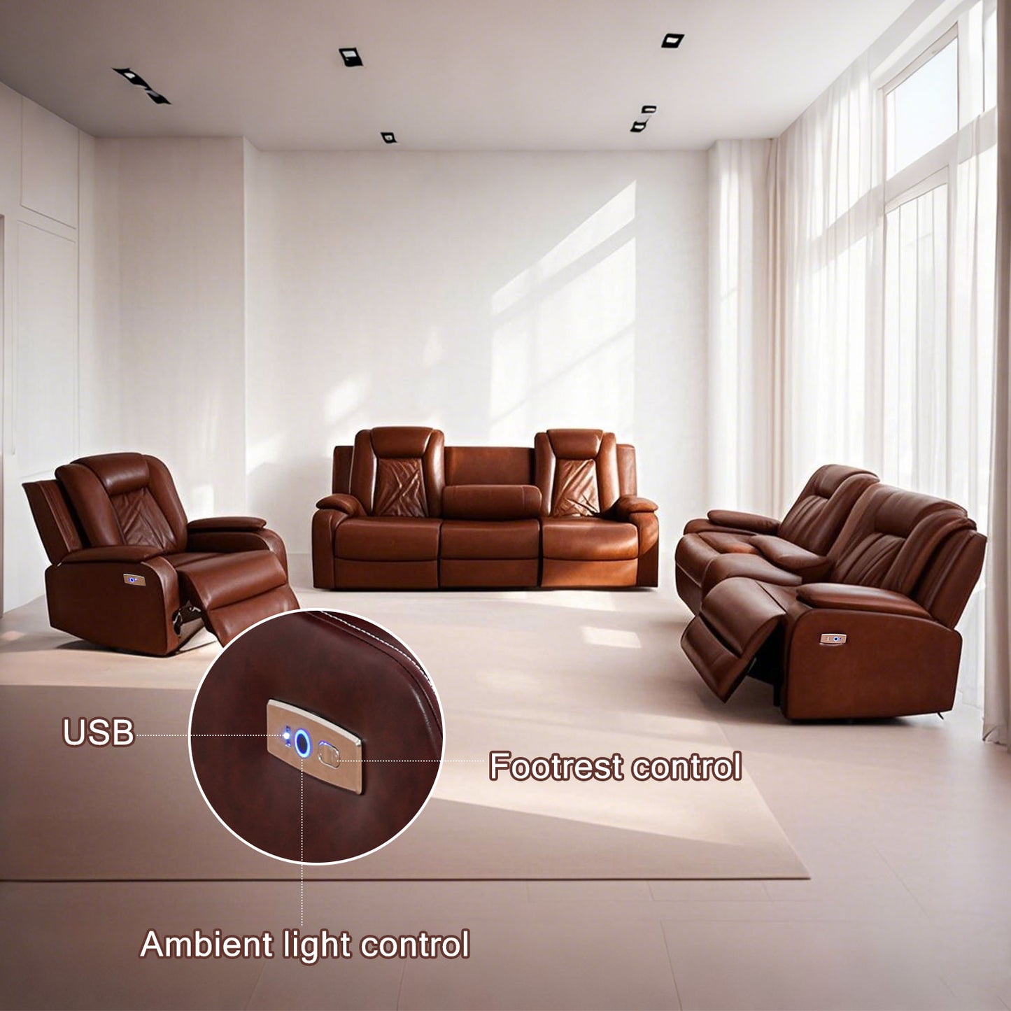 Braunes atmungsaktives Leder, 3-stückiges Wohnzimmer-Liegesessel-Sofa-Set - gn4633