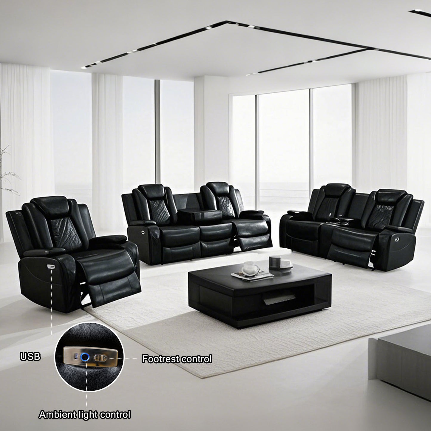 Schwarzes atmungsaktives Leder, 3-stückiges Wohnzimmer-Liegesessel-Sofa-Set - gn4632