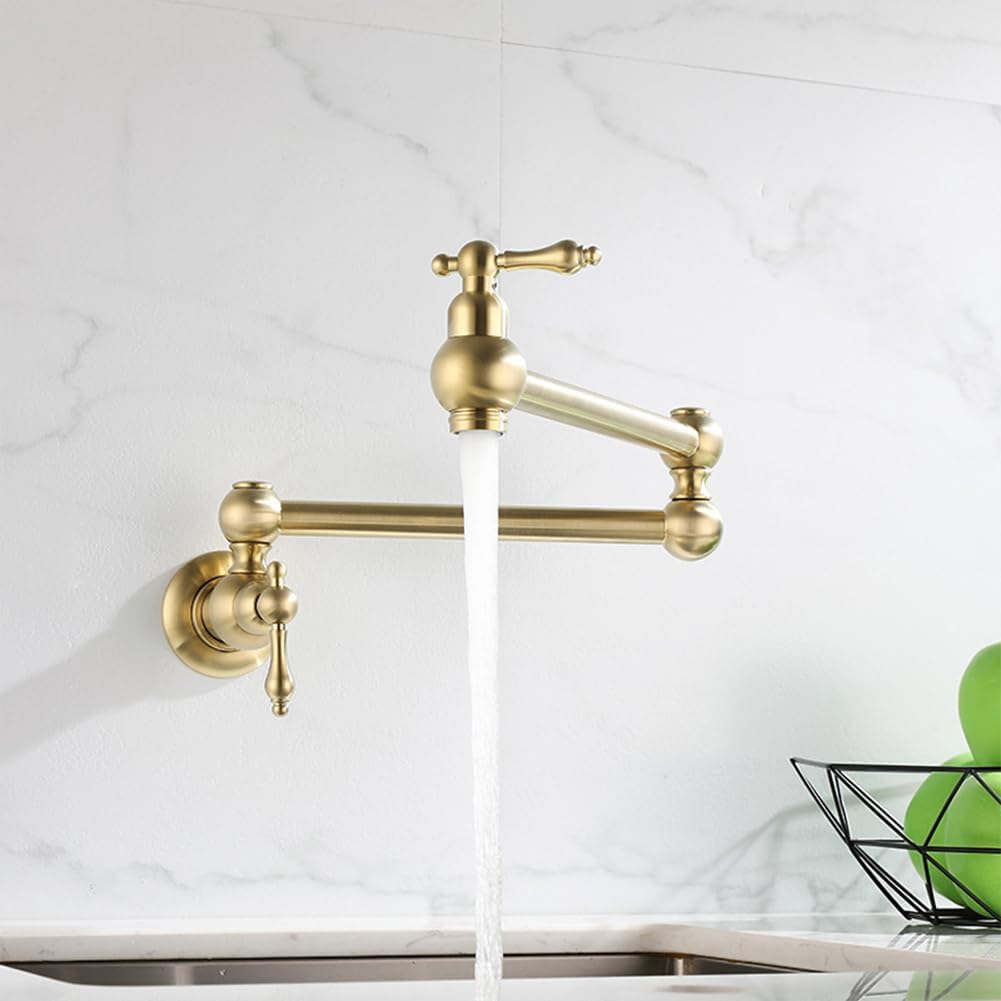 Single Cold Water Kitchen Faucet, Wall Mounted Kitchen Sink Faucet, Modern Style Faucet, 360° Swivel, Brass, Double Handle, Kitchen and Garden Faucet, Brushed Gold