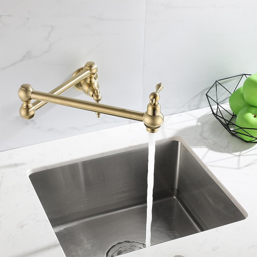 Single Cold Water Kitchen Faucet, Wall Mounted Kitchen Sink Faucet, Modern Style Faucet, 360° Swivel, Brass, Double Handle, Kitchen and Garden Faucet, Brushed Gold
