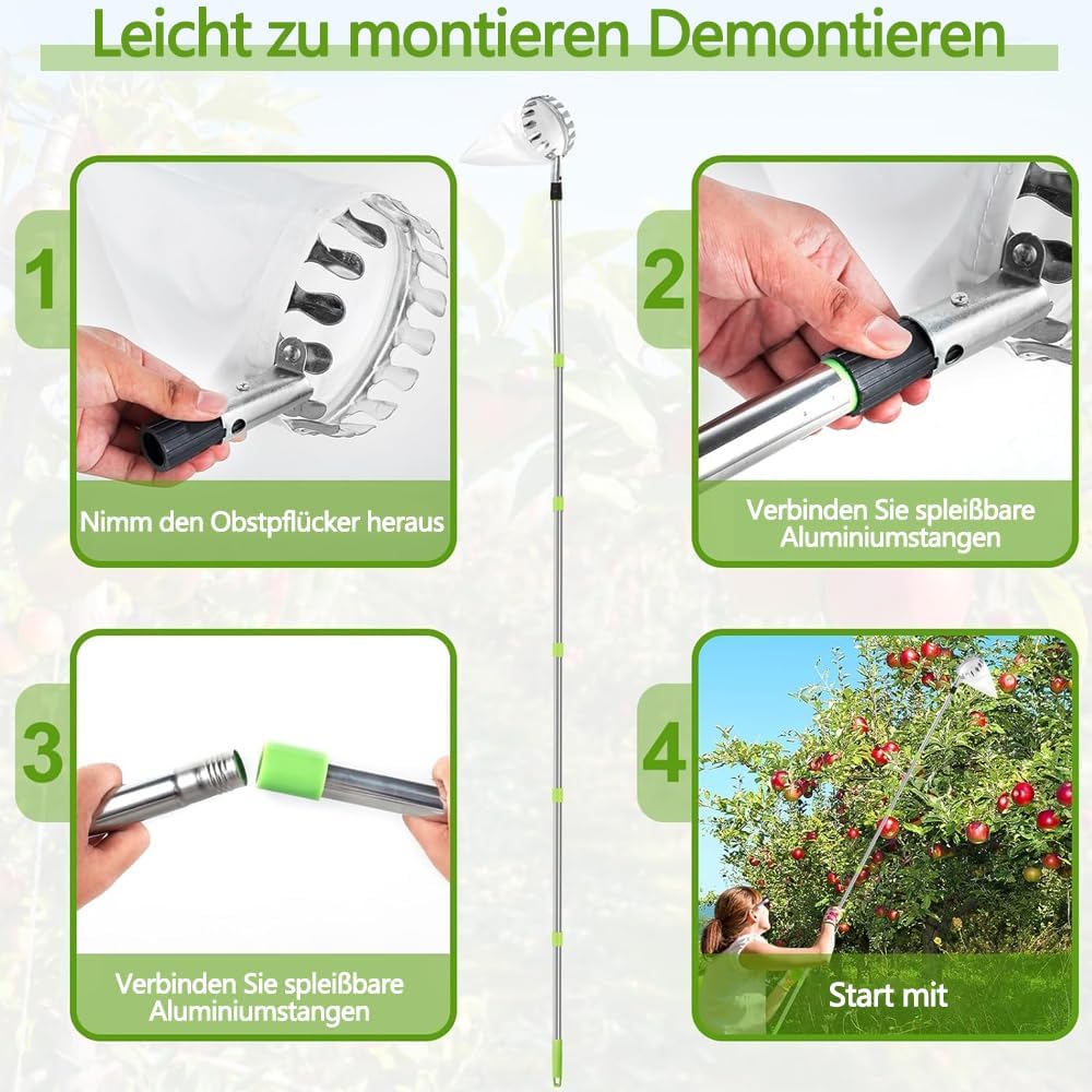 Telescopic Fruit Picker, 3.2 m Apple Picker, Detachable Fruit Picker, Garden Picking Tool for Tree Pear Peach Fruit Picker