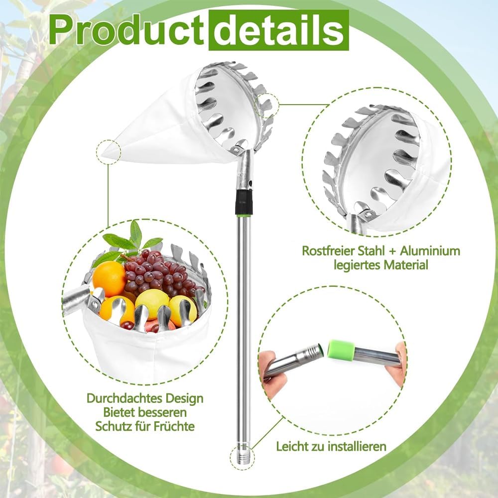 Teleskop-Obstpflücker, 3,2 m Apfelpflücker, Abnehmbarer Obstpflücker, Gartenpflückwerkzeug für Baumbirnen-Pfirsiche-Obstpflücker