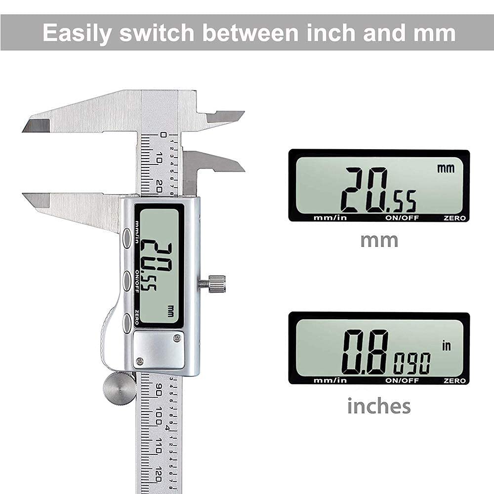 Digitaler Messschieber, 0–150 mm, metrisches Tiefenmessgerät aus Edelstahl mit extra großem LCD-Display (Silber)