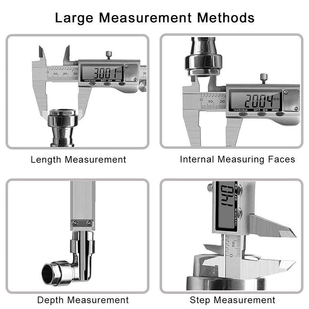 Digitaler Messschieber, 0–150 mm, metrisches Tiefenmessgerät aus Edelstahl mit extra großem LCD-Display (Silber)