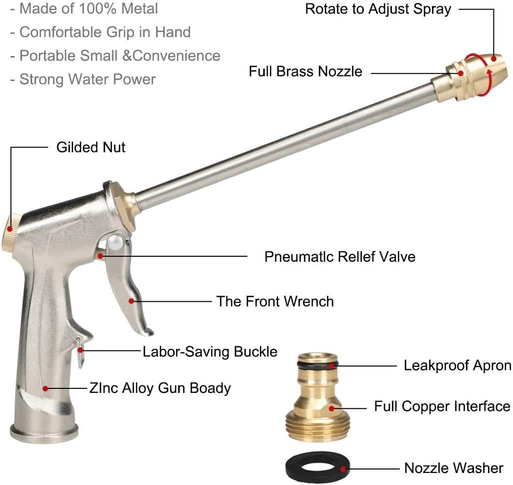 Metal watering gun, high-pressure metal watering can with brass nozzle for car washing, cleaning, watering gardens and lawns – long