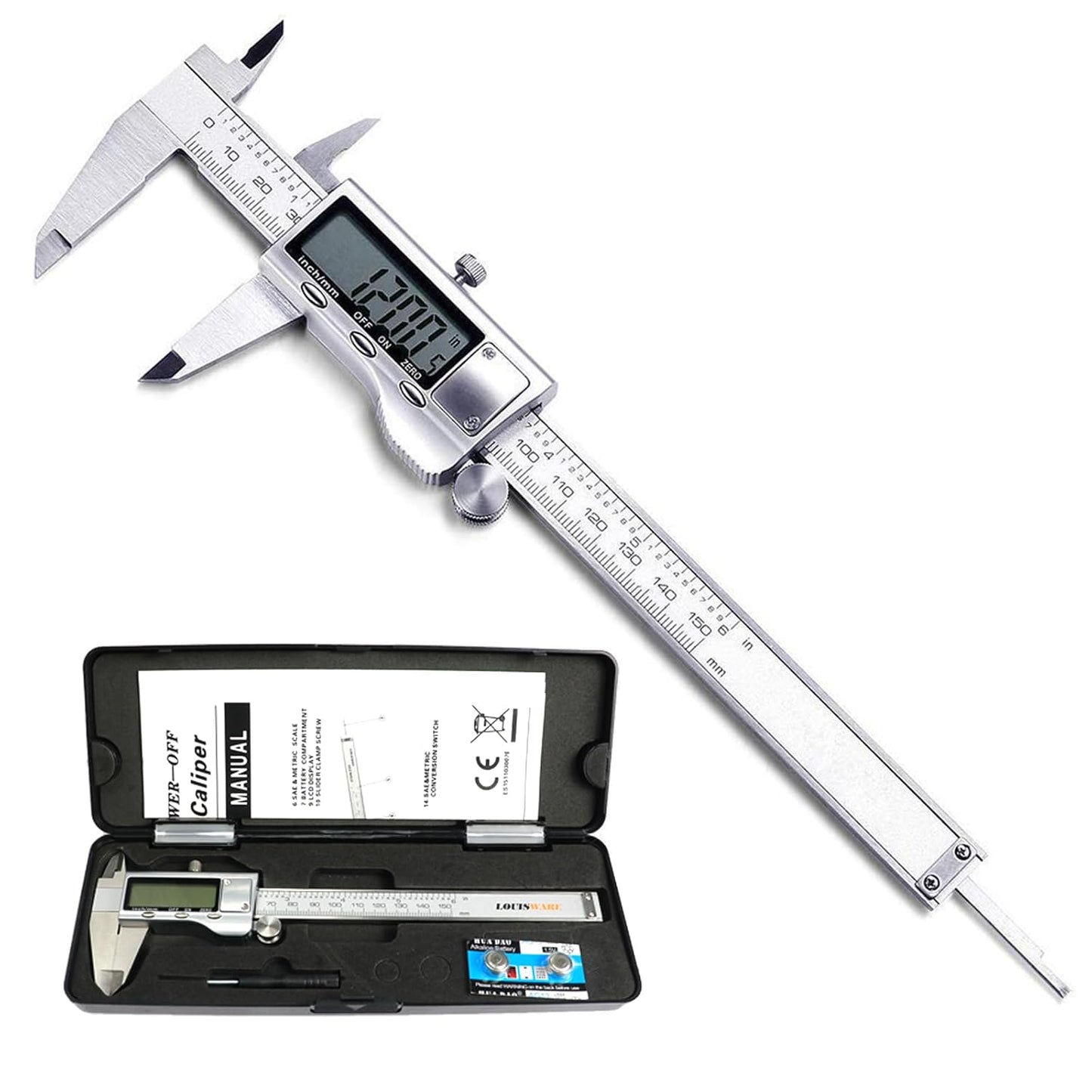 Digitaler Messschieber, 0–150 mm, metrisches Tiefenmessgerät aus Edelstahl mit extra großem LCD-Display (Silber)