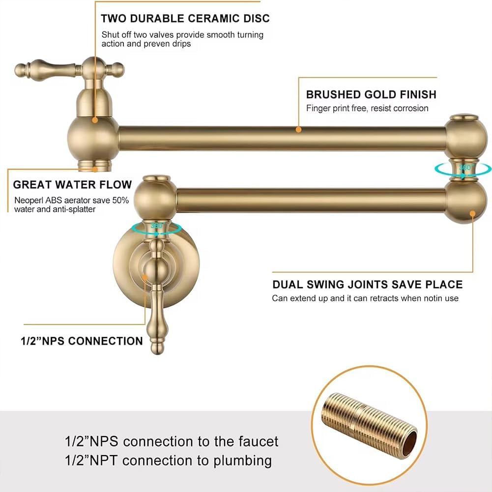 Single Cold Water Kitchen Faucet, Wall Mounted Kitchen Sink Faucet, Modern Style Faucet, 360° Swivel, Brass, Double Handle, Kitchen and Garden Faucet, Brushed Gold