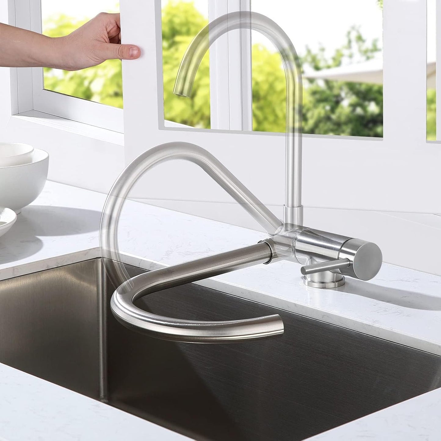 Pull-out kitchen mixer tap, tall sink faucet, 360° rotating stainless steel spout, adjustable single-lever mixer for hot and cold water, brushed surface