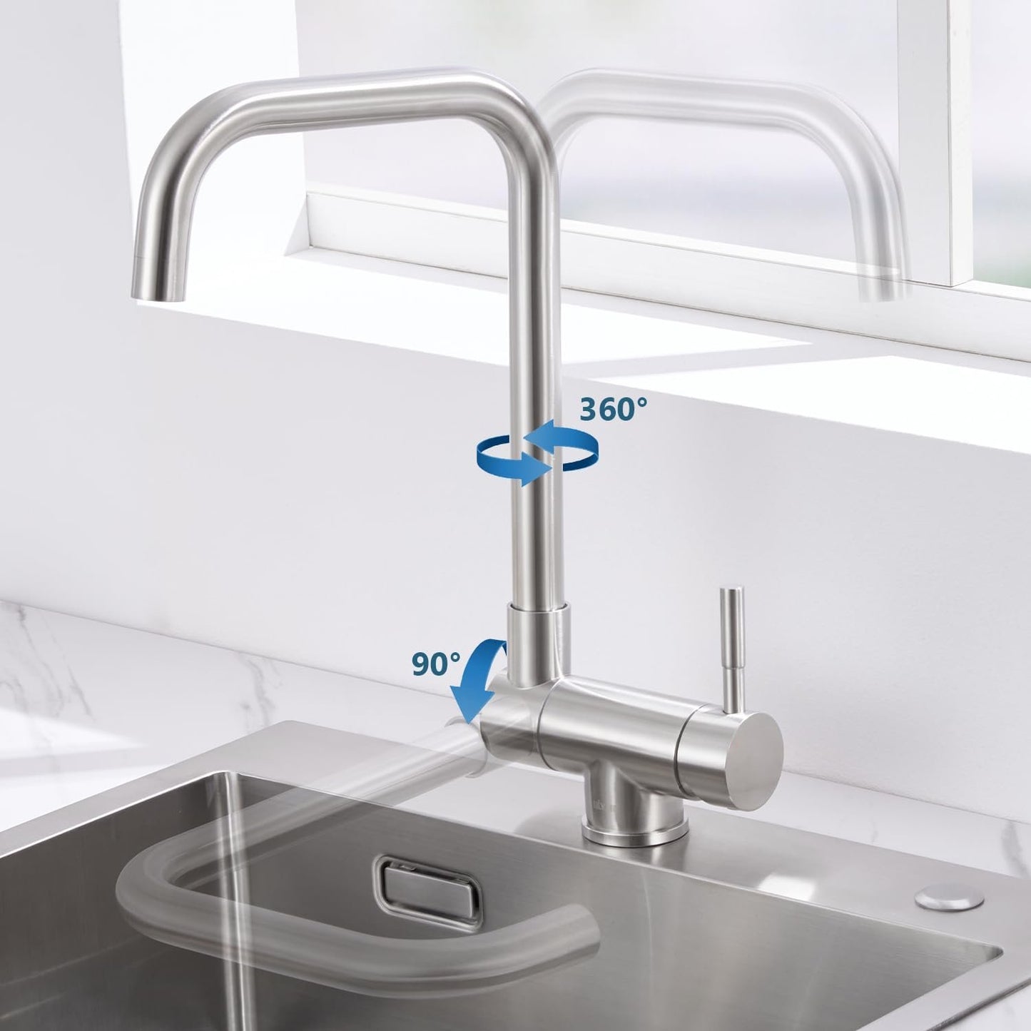 Pull-out kitchen mixer tap, tall sink faucet, 360° rotating stainless steel spout, adjustable single-lever mixer for hot and cold water, brushed surface