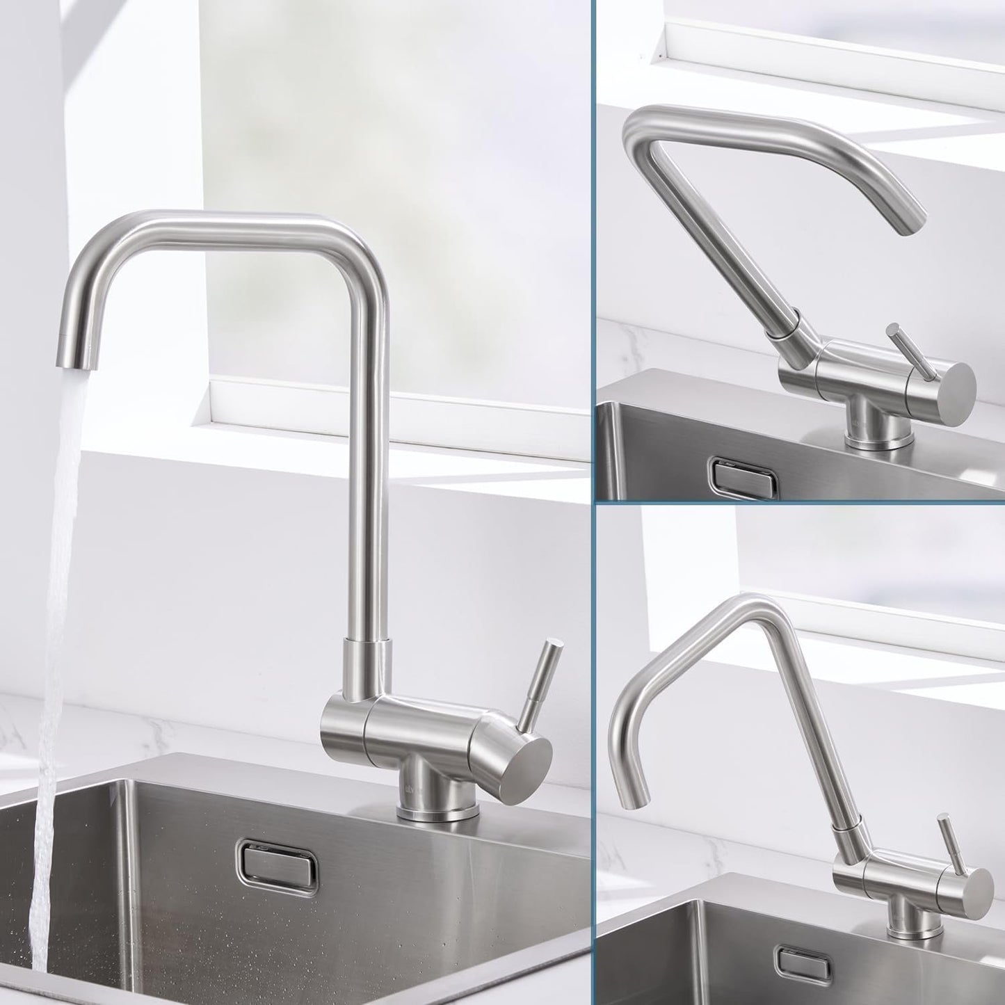 Ausziehbare Küchenmischbatterie, hohe Spülbeckenarmatur, 360° drehbarer Auslauf aus Edelstahl, einstellbarer Einhebelmischer für heißes und kaltes Wasser, gebürstete Oberfläche