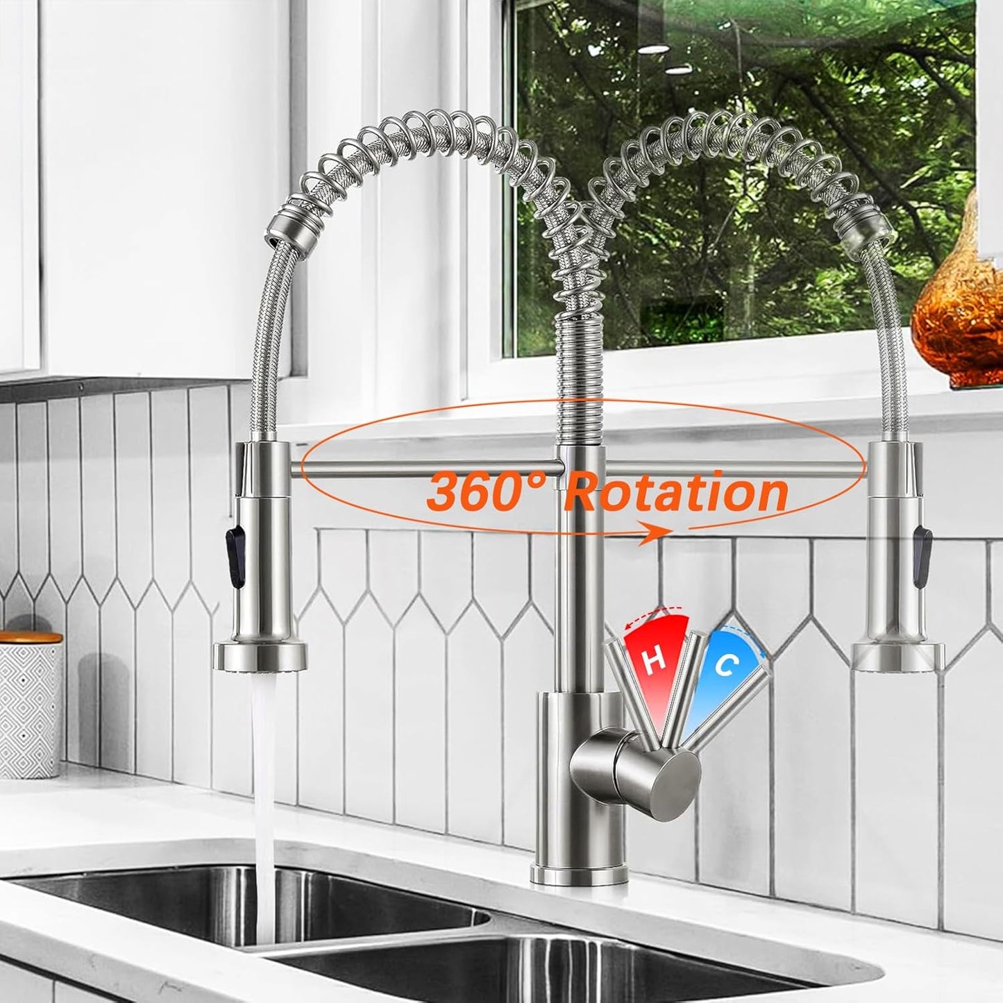 Kitchen faucet, kitchen mixer tap with 360° swivel high-arch sink spray, 2-mode pull-out spray, polished chrome