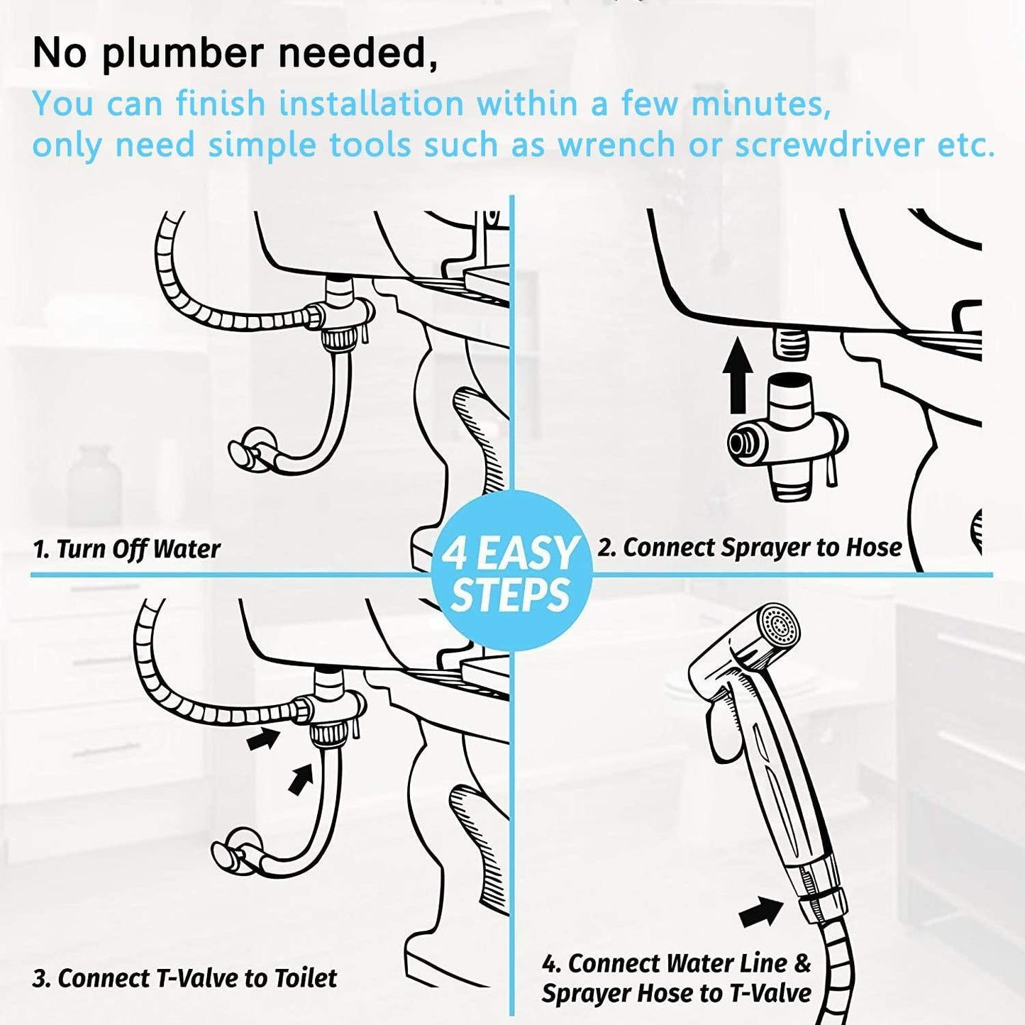 Kit de Douchette de Bidet pour WC, Pulvérisateur de Bidet en Acier Inoxydable avec Tuyau et Vanne G 1/2, Douchette WC