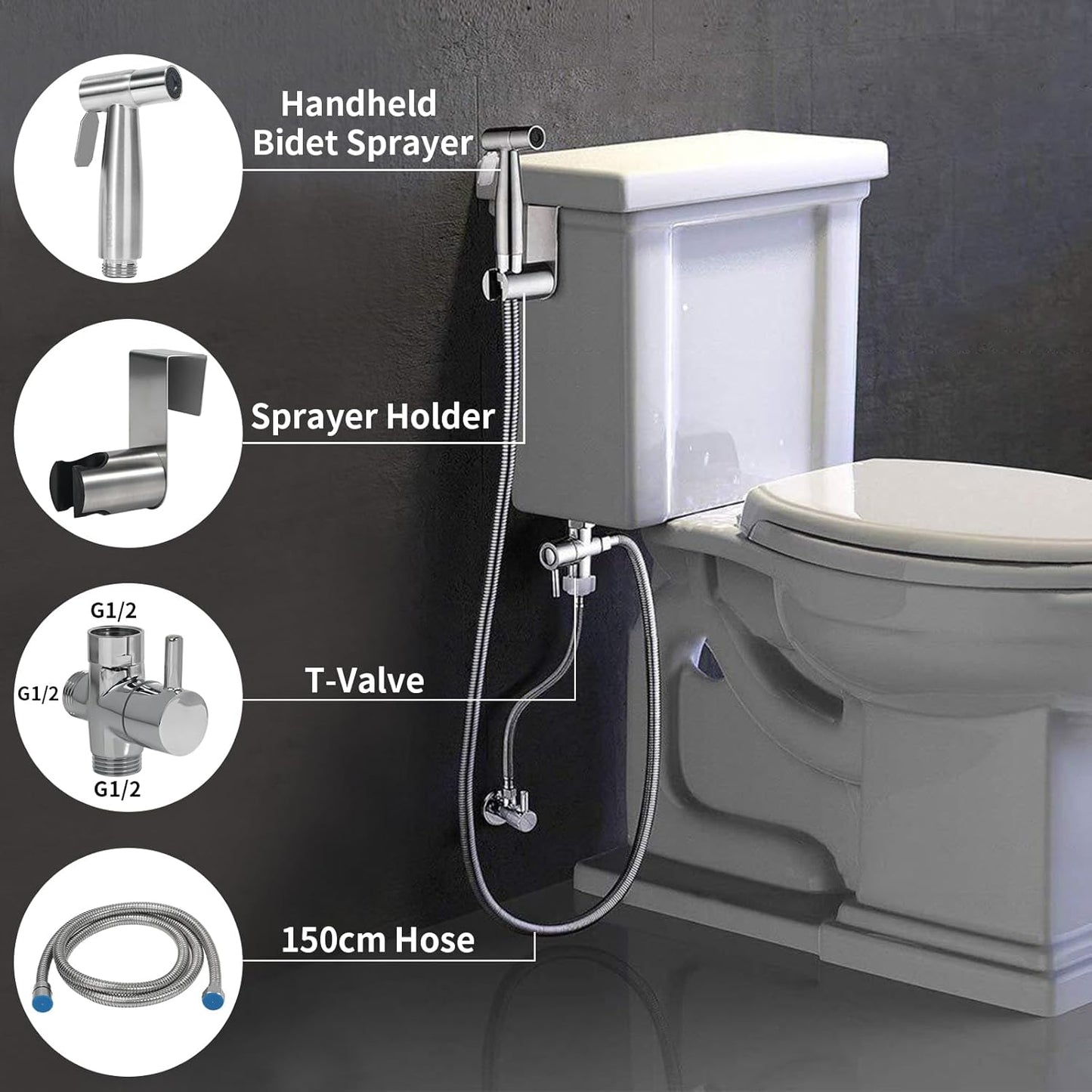Kit de Douchette de Bidet pour WC, Pulverizer de Bidet and Acier Inoxydable with Tuyau et Vanne G 1/2, Douchette WC