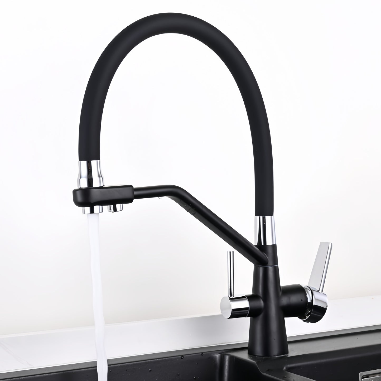 Kitchen faucet with pull-out spray, kitchen mixer tap for water filter, 3-in-1 kitchen sink mixer tap (black)
