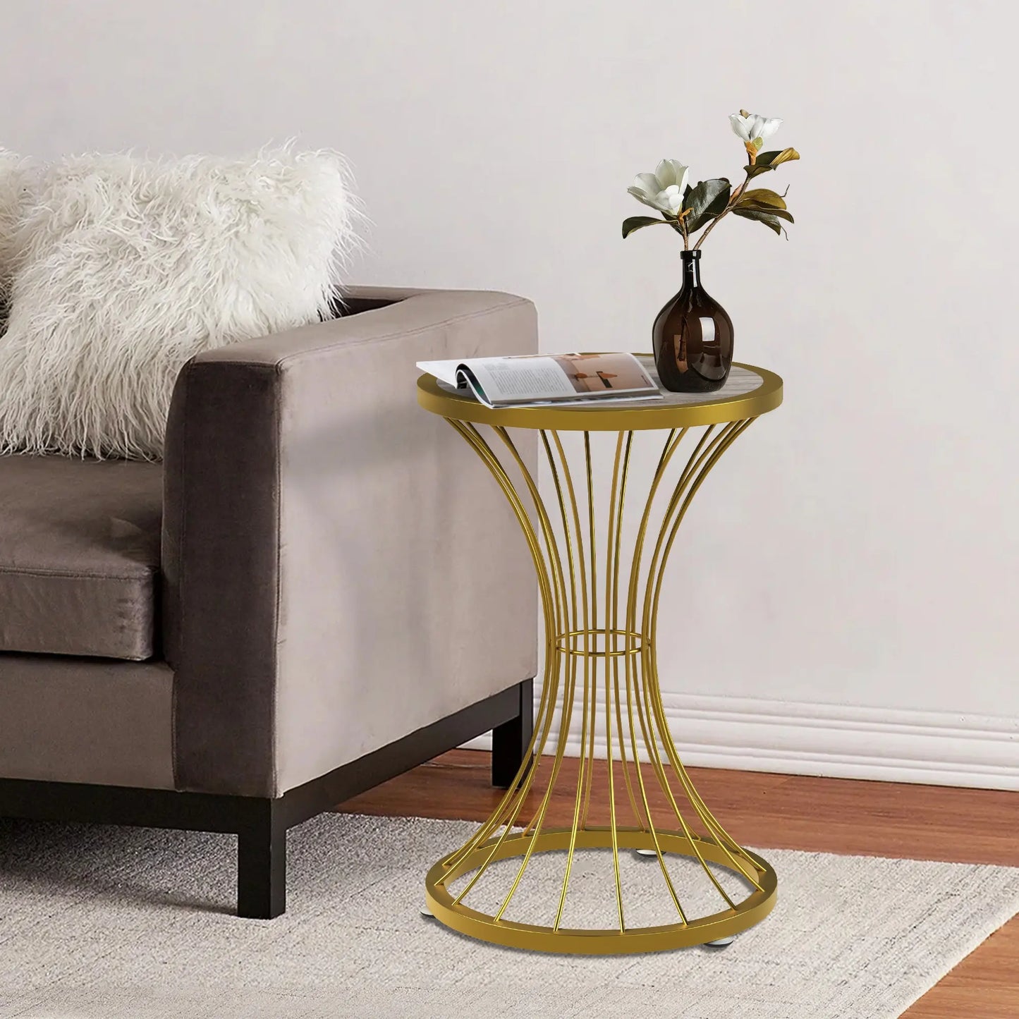 Beistelltisch, kleiner Couchtisch, runder Sofatisch aus Holz mit Metallrahmen für Wohnzimmer, Schlafzimmer, kleine Räume
