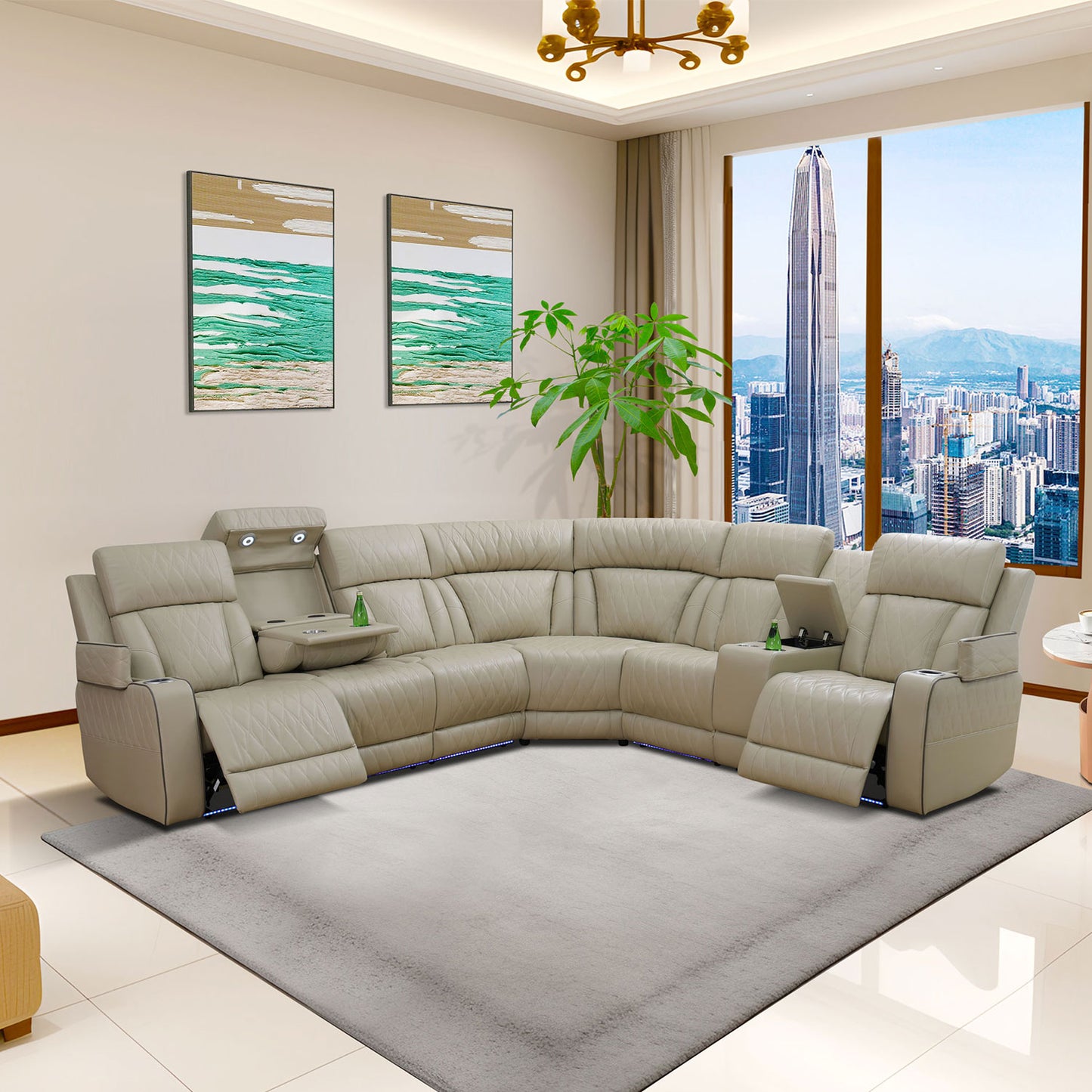 Mischbeige atmungsaktives Leder, Dreiteiliges Sofa-Liegesessellerset - gn4738