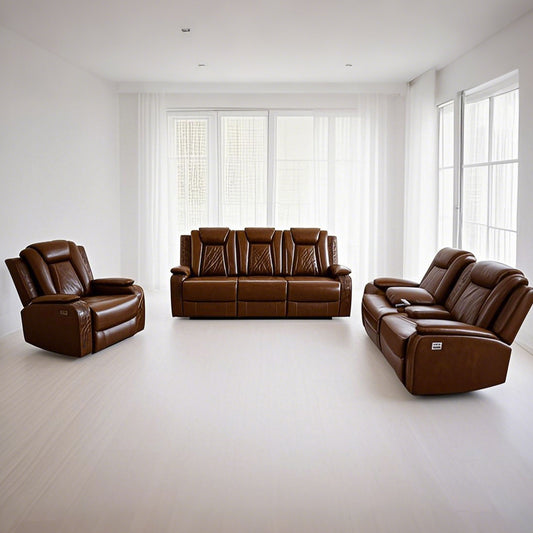 Brown Breathable Leather 3-Piece Living Room Recliner Sofa Set - gn4633