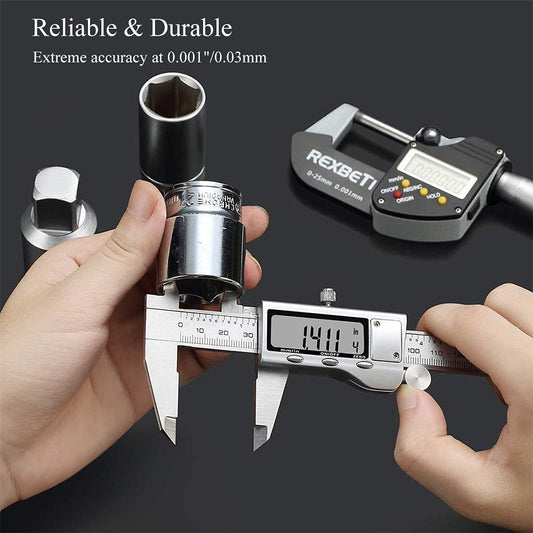 Digitaler Messschieber, 0–150 mm, metrisches Tiefenmessgerät aus Edelstahl mit extra großem LCD-Display (Silber)