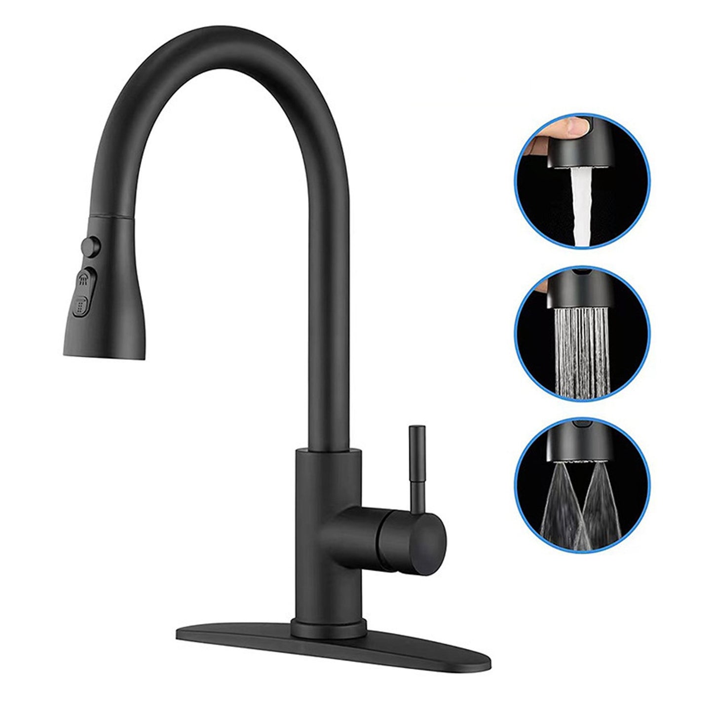 Black kitchen faucet, kitchen mixer tap with pull-out spray, 3 adjustment modes, high pull-out sink faucet, 360° swivel spout made of 304 stainless steel