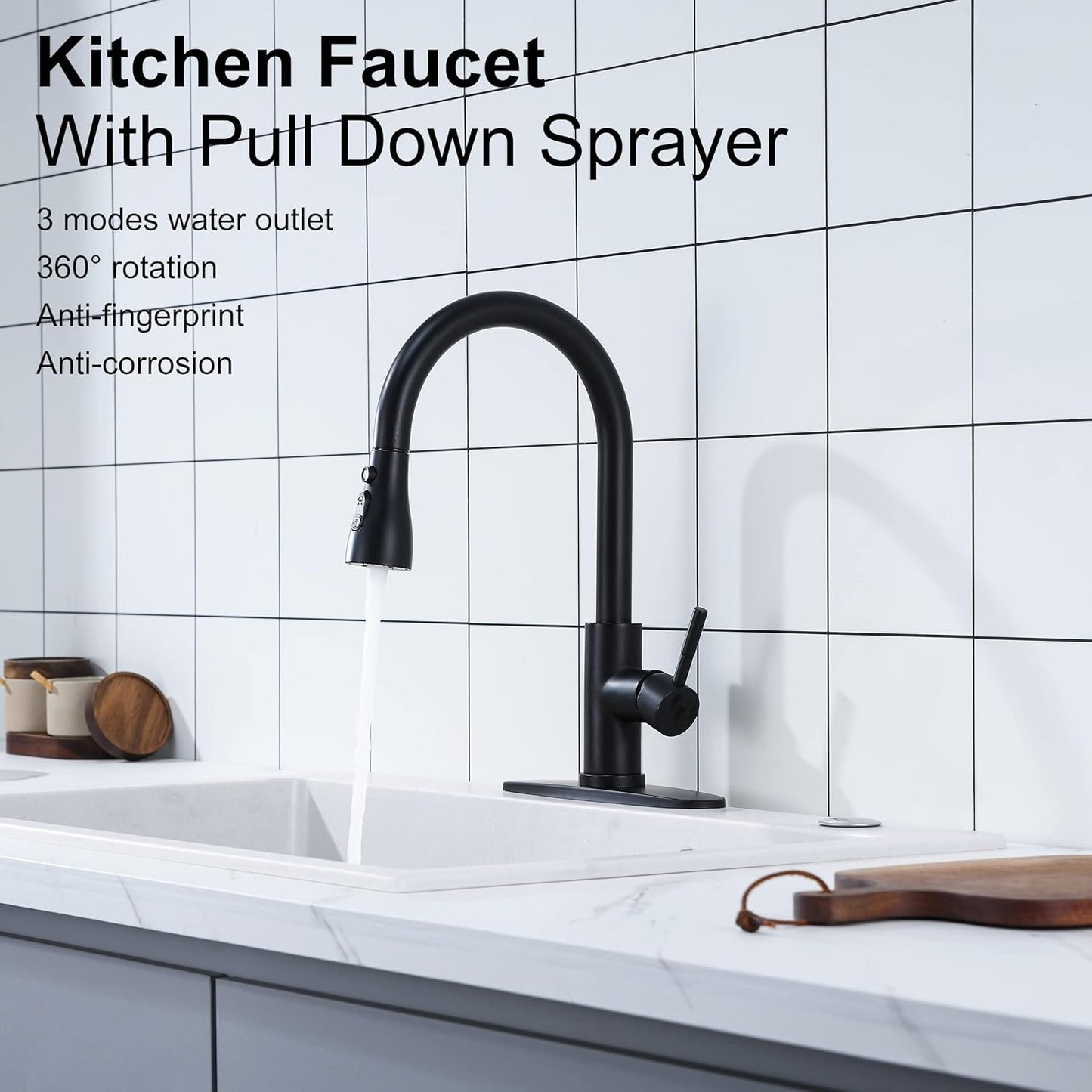Black kitchen faucet, kitchen mixer tap with pull-out spray, 3 adjustment modes, high pull-out sink faucet, 360° swivel spout made of 304 stainless steel