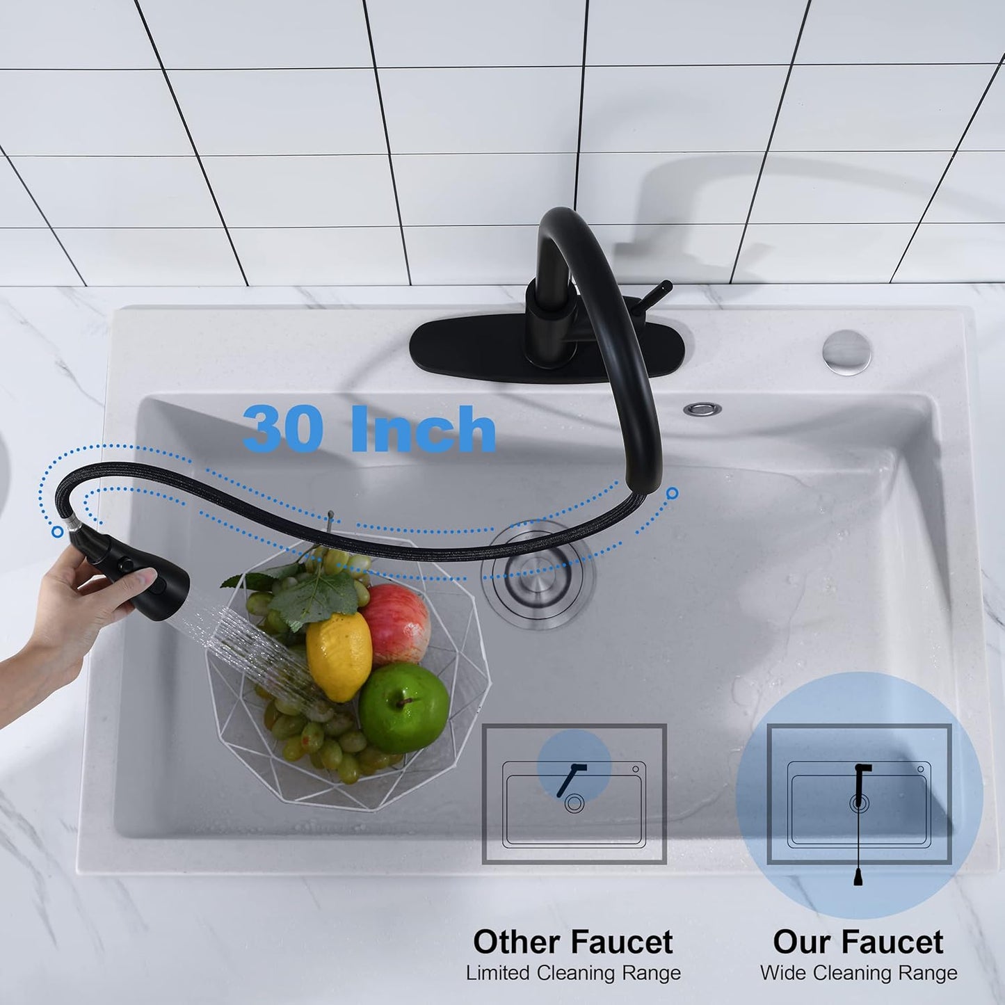 Black kitchen faucet, kitchen mixer tap with pull-out spray, 3 adjustment modes, high pull-out sink faucet, 360° swivel spout made of 304 stainless steel