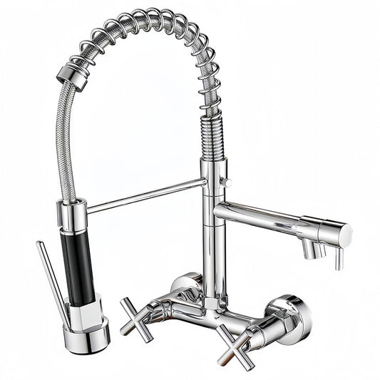 Wall-mounted spring kitchen sink faucet, double handle kitchen sink mixer tap for hot and cold water