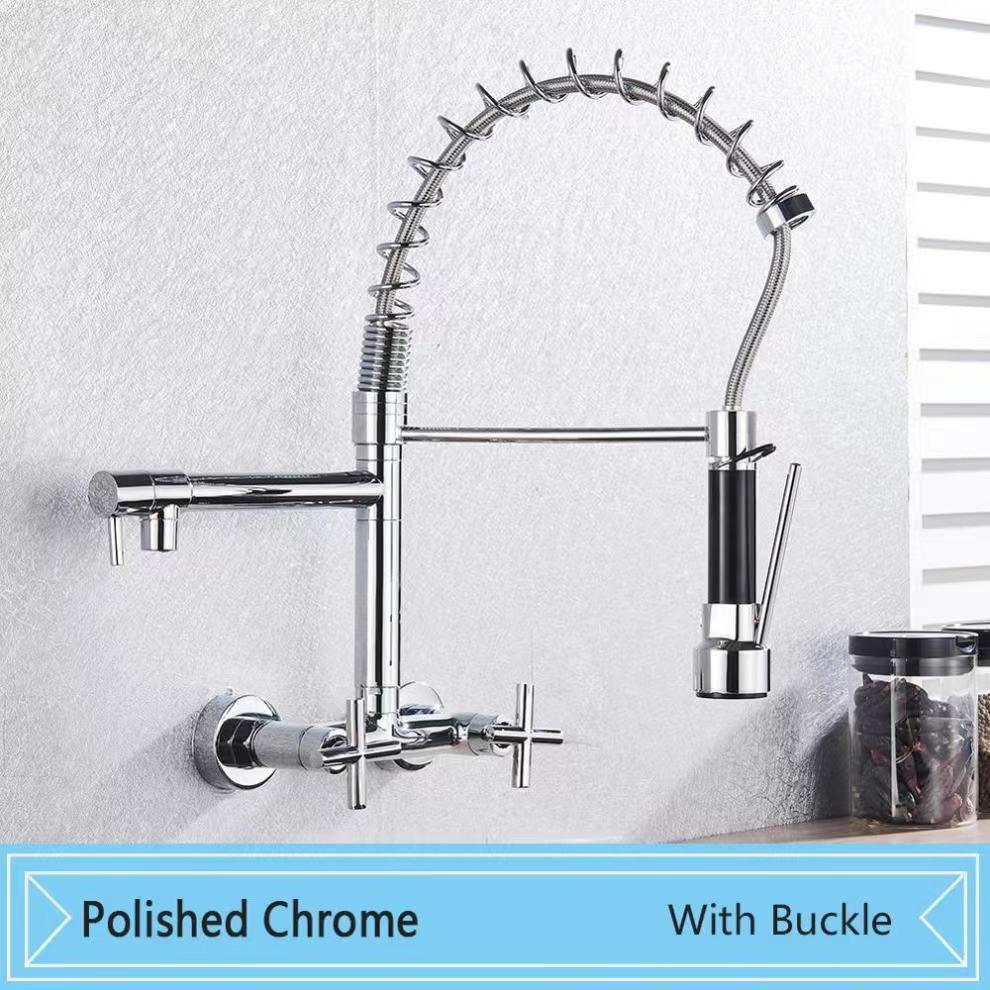 Wall-mounted spring kitchen sink faucet, double handle kitchen sink mixer tap for hot and cold water