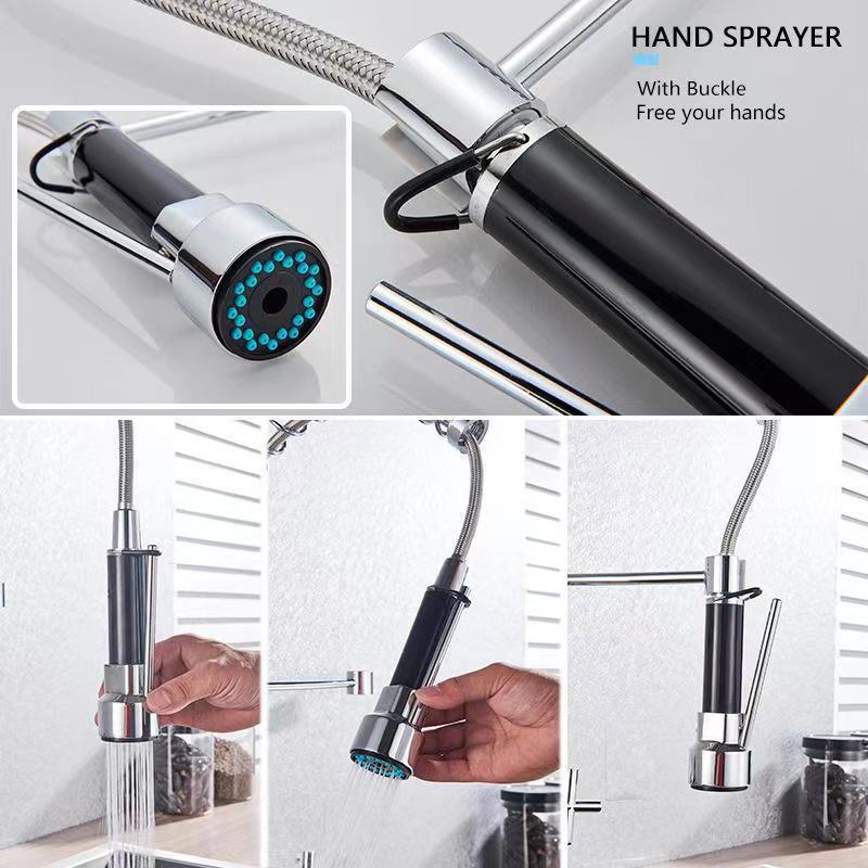 Wall-mounted spring kitchen sink faucet, double handle kitchen sink mixer tap for hot and cold water